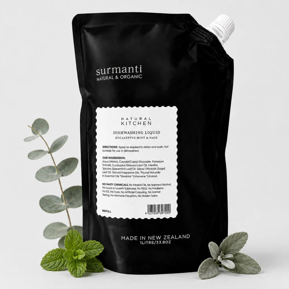 Surmanti Natural Kitchen Dishwashing Liquid Refill 1L – Eucalyptus Mint & Sage | Kills 99.9% Germs & Gentle on Hands