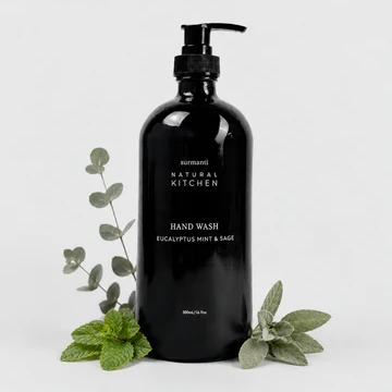Surmanti Natural Kitchen Hand Wash Glass Bottle – Eucalyptus Mint & Sage | Germ Protection for Your Family 500mL