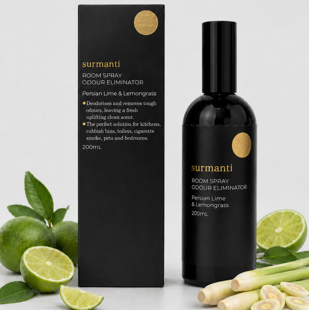 Surmanti Room Spray - Persian Lime & Lemongrass Natural Room Spray-Odour Eliminator 200mL Glass Not Plastic
